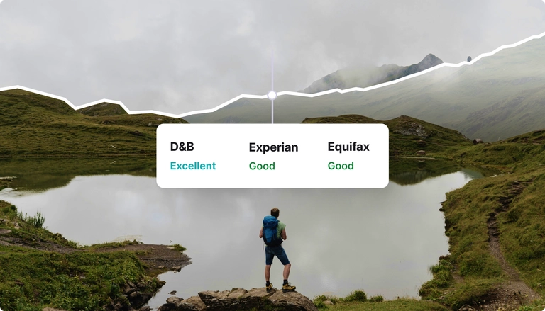 A hiker staring out at the distant mountains with a credit score tracker floating in the air
